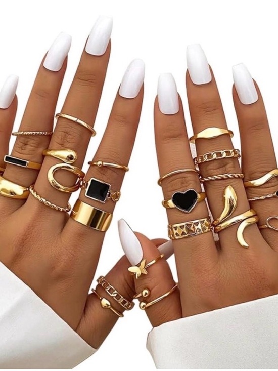 Jewelry - Gold Plated Stackable Ring Set
- Stainless Steel, Black Enamel Accents